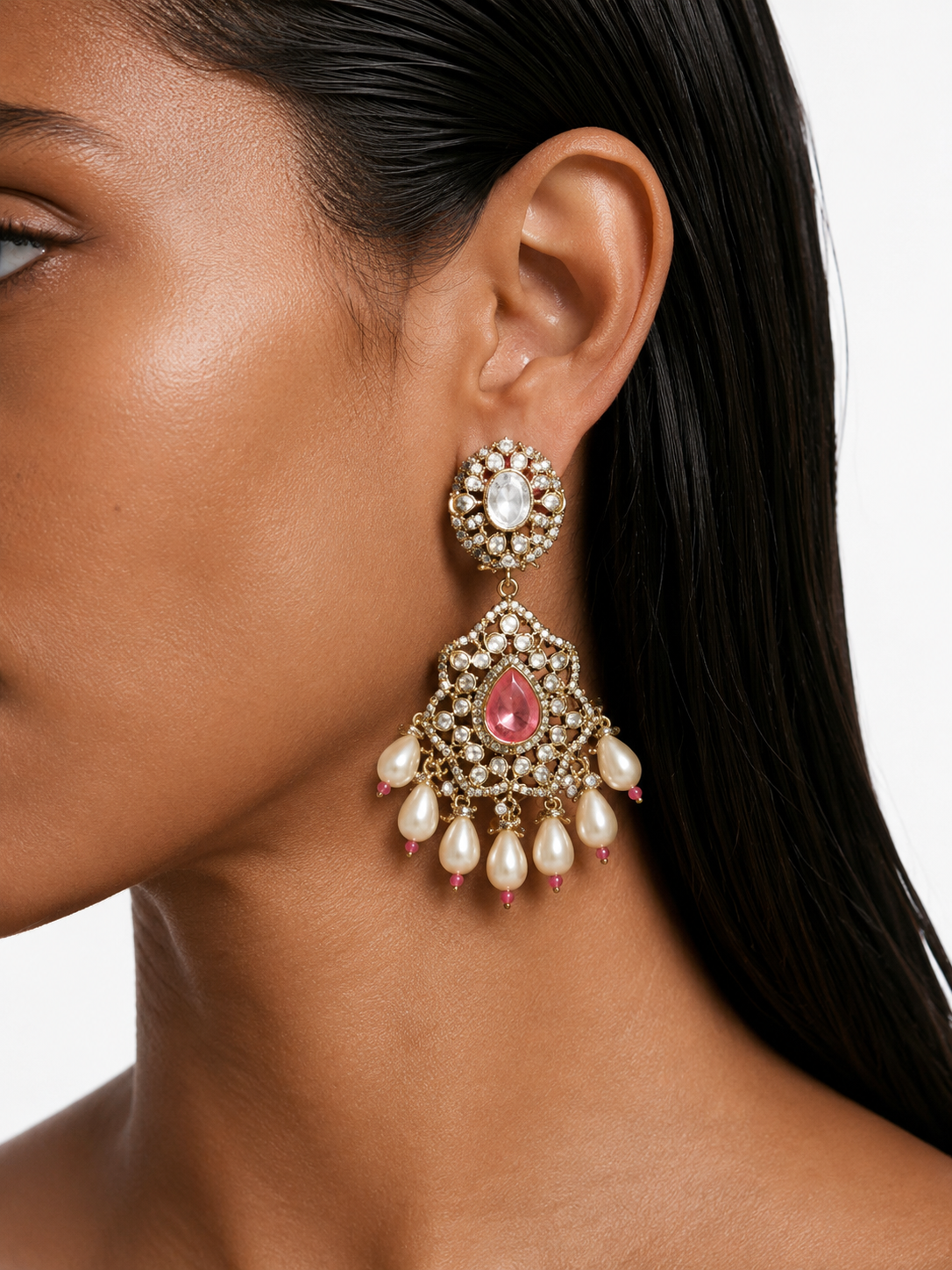 Vaani Peach Pearls & Moissanite Polki Kundan with Zircon Diamond Detailing Necklace Set – Necklace, Earrings & Maang Tikka