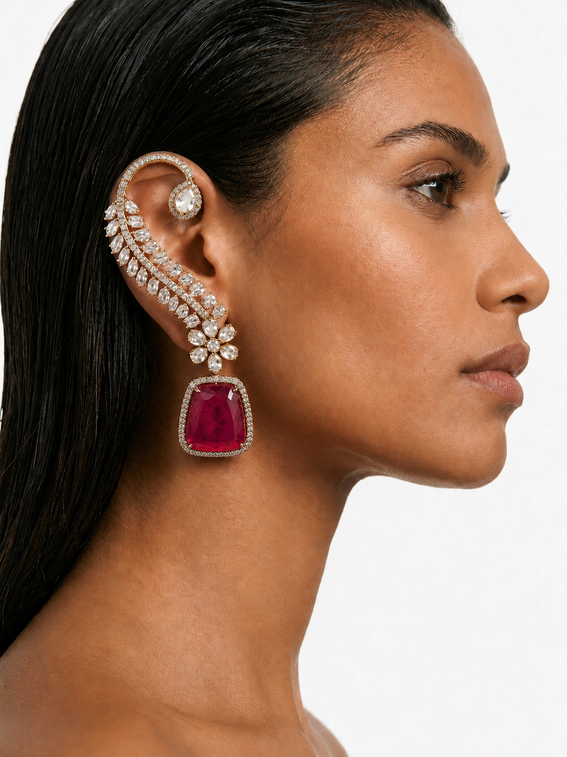 Kiyana Ruby Moissanite Polki Kundan with Zircon Diamond Detailing Statement Earcuff