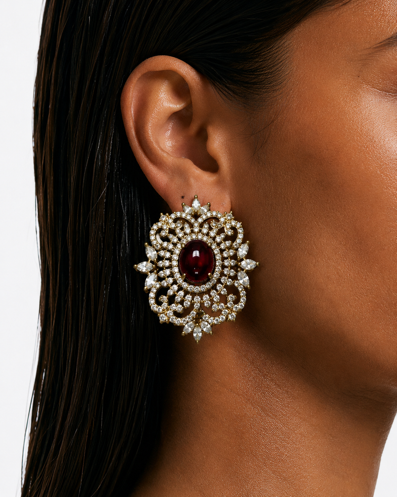 Niya Ruby Ornate Diamond-Like Zircon Stud Earrings