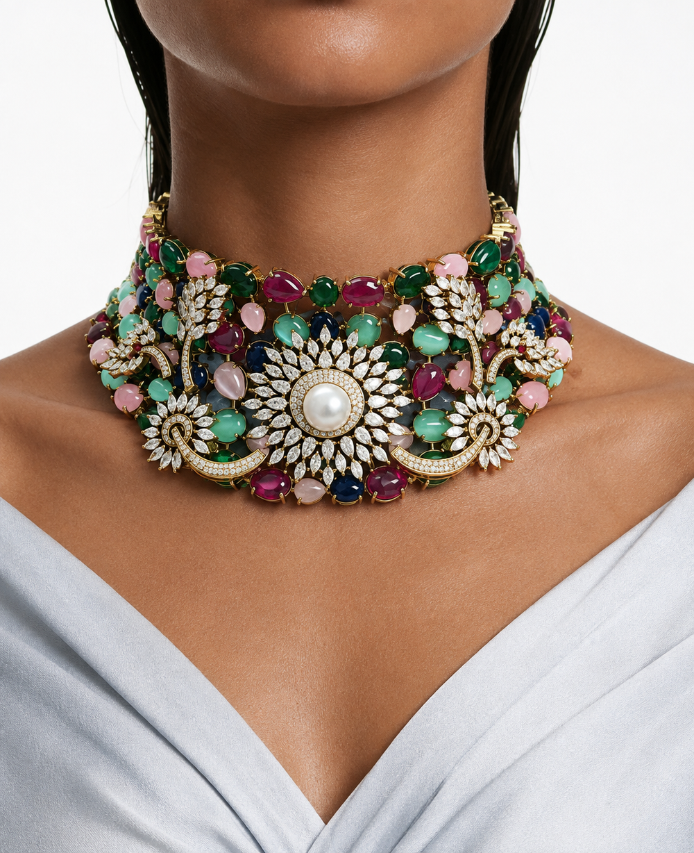 Asiyah Multicolor, Pearls & Moissanite Polki Kundan with Zircon Diamond Detailing Statement Luxe Necklace Set (Necklace & Earrings)