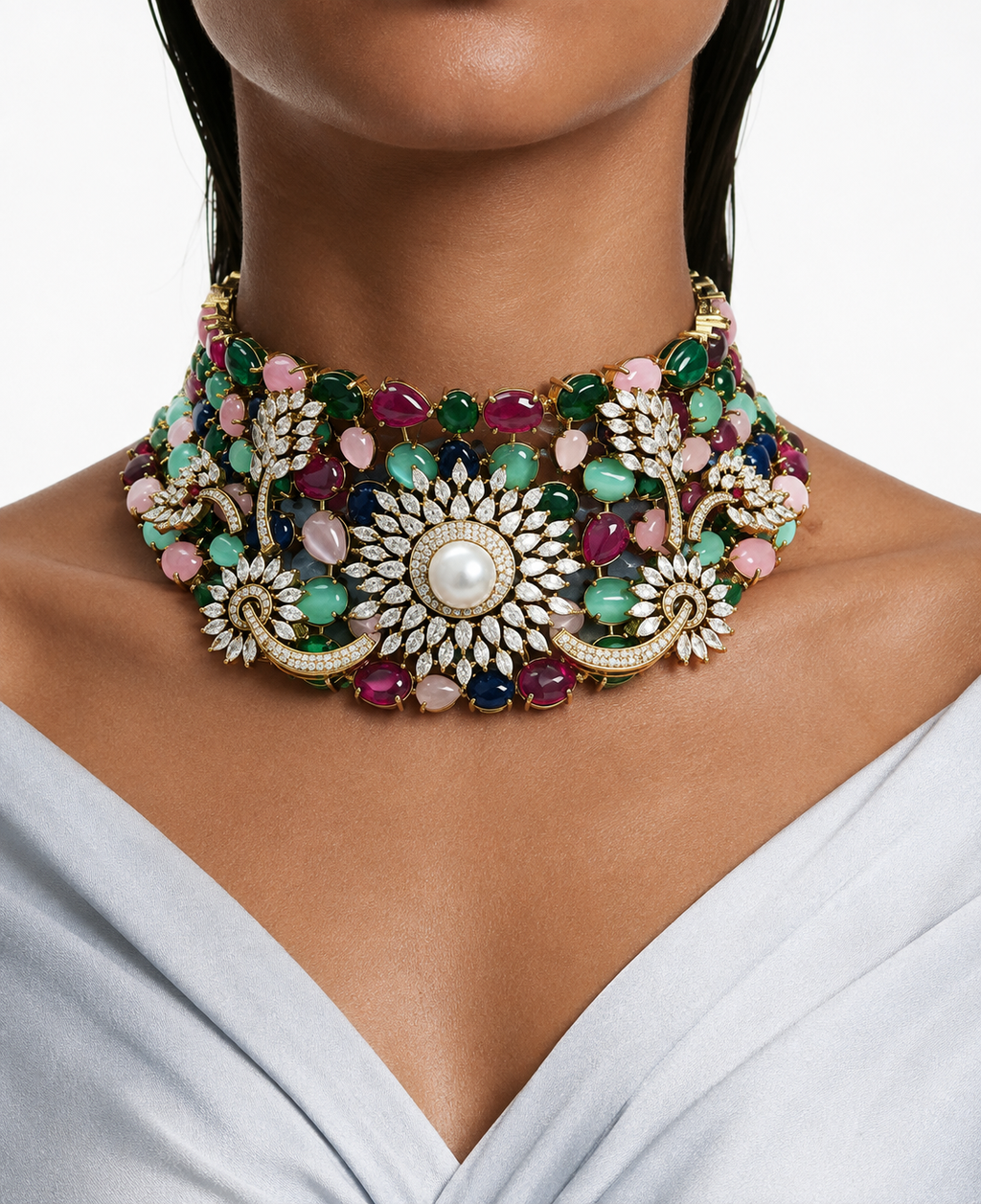 Asiyah Multicolor, Pearls & Moissanite Polki Kundan with Zircon Diamond Detailing Statement Luxe Necklace Set (Necklace & Earrings)