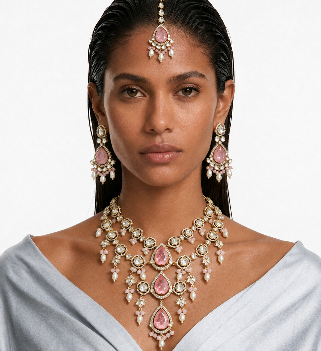 Suhira Pink Moissanite Polki Kundan with Zircon Diamond Detailing 3 Layer Necklace Set  – Necklace, Earrings & Maang Tikka