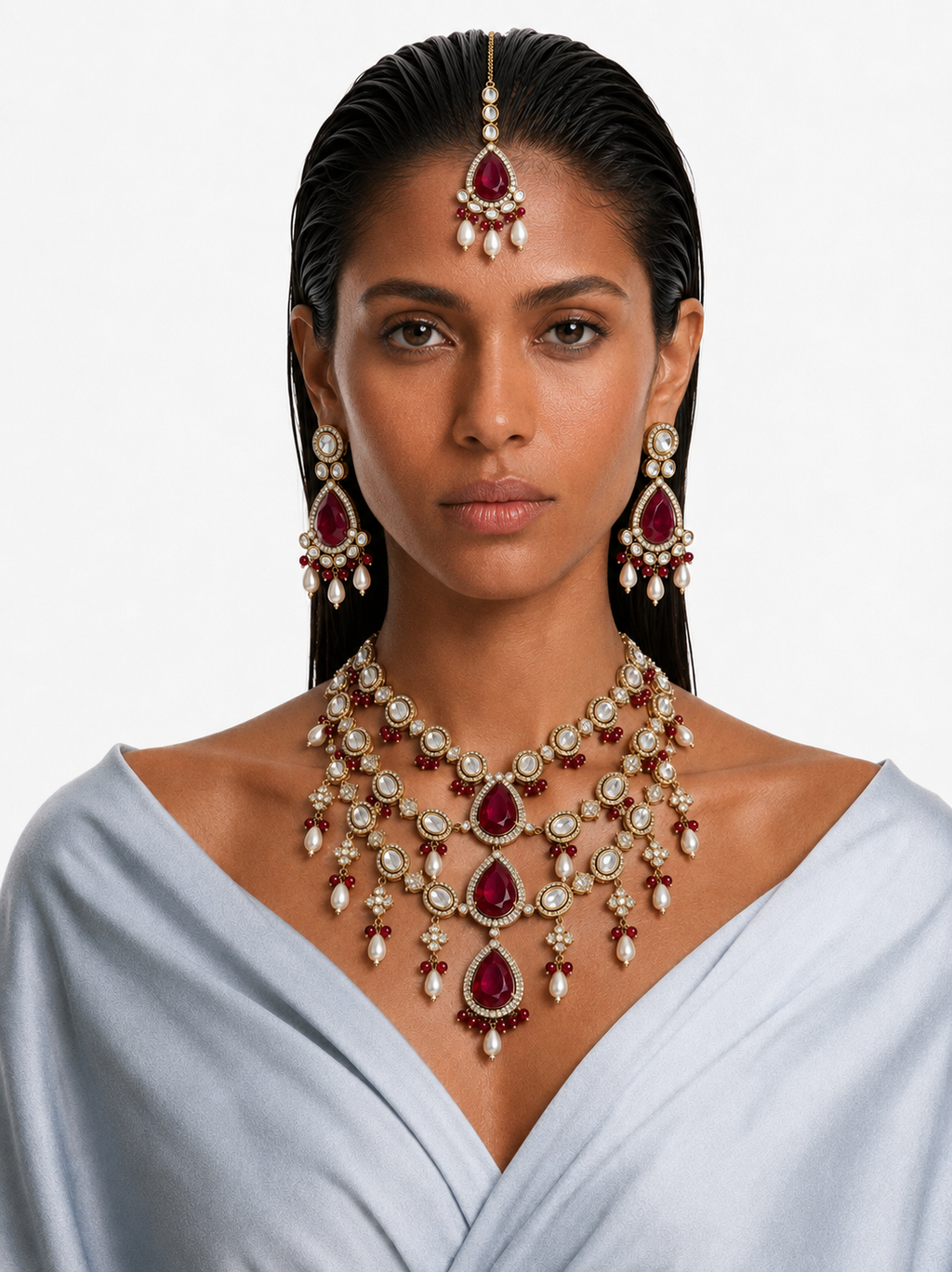 Suhira Ruby Moissanite Polki Kundan with Zircon Diamond Detailing 3 Layer Necklace Set – Necklace, Earrings & Maang Tikka