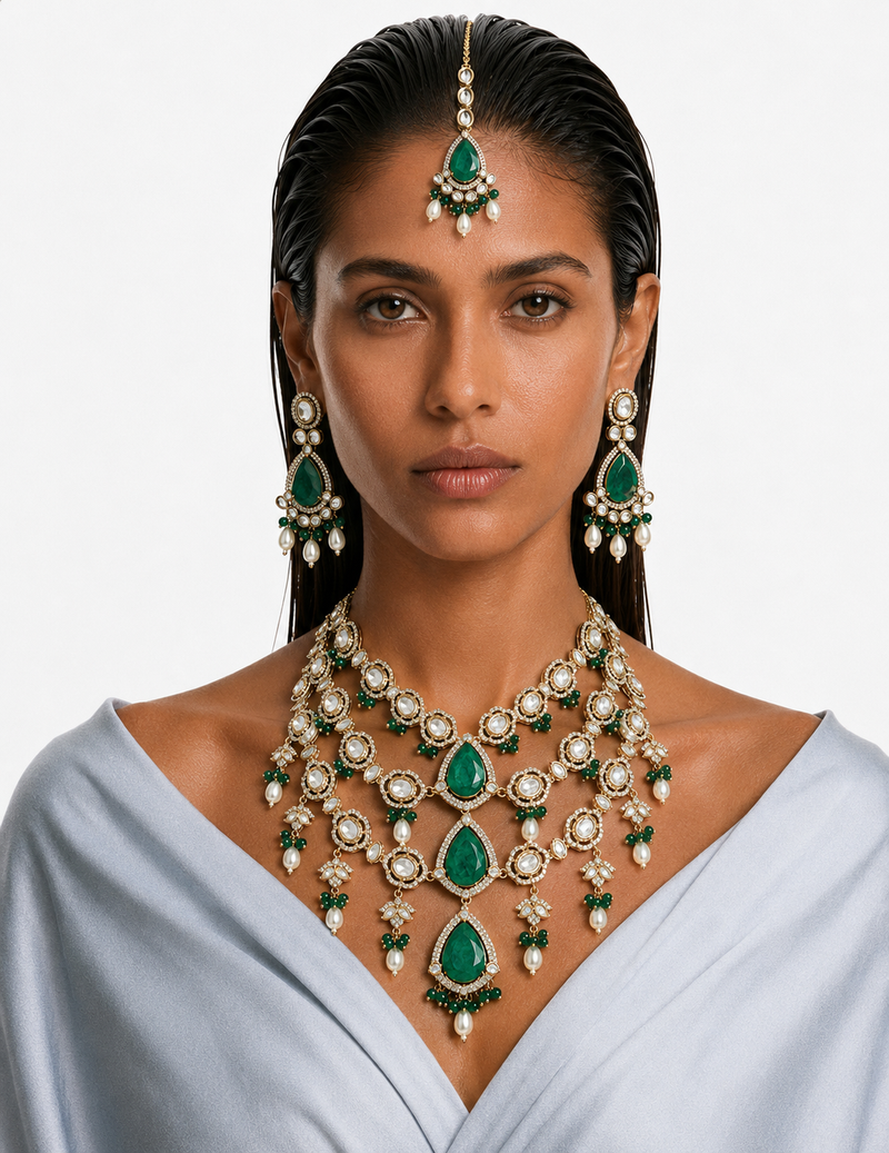 Suhira Emerald Moissanite Polki Kundan with Zircon Diamond Detailing 3 Layer Necklace Set  – Necklace, Earrings & Maang Tikka