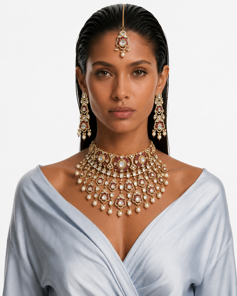 Aarna Ruby Pearls & Moissanite Polki Kundan with Zircon Diamond Detailing Necklace Set – Necklace & Earrings