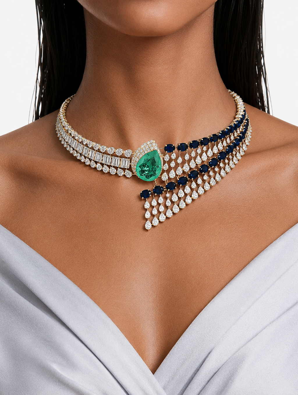Ameyra Sapphire & Mint Diamond-Like Zircon Statement Choker Set – Necklace & Earrings