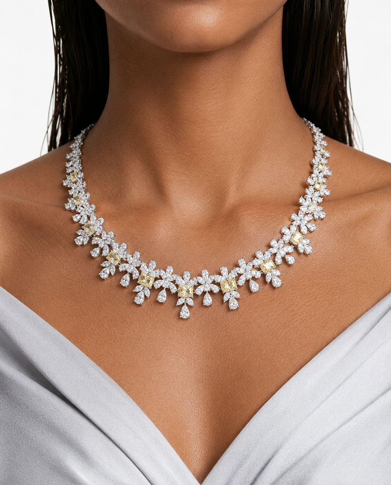 Aizel Citrine Diamond-Like Zircon Statement Necklace Set – Necklace & Earrings