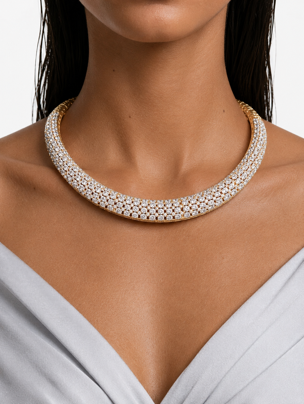 Reeva Gold-Tone Diamond-Like Zircon Statement Necklace Set – Necklace & Earrings