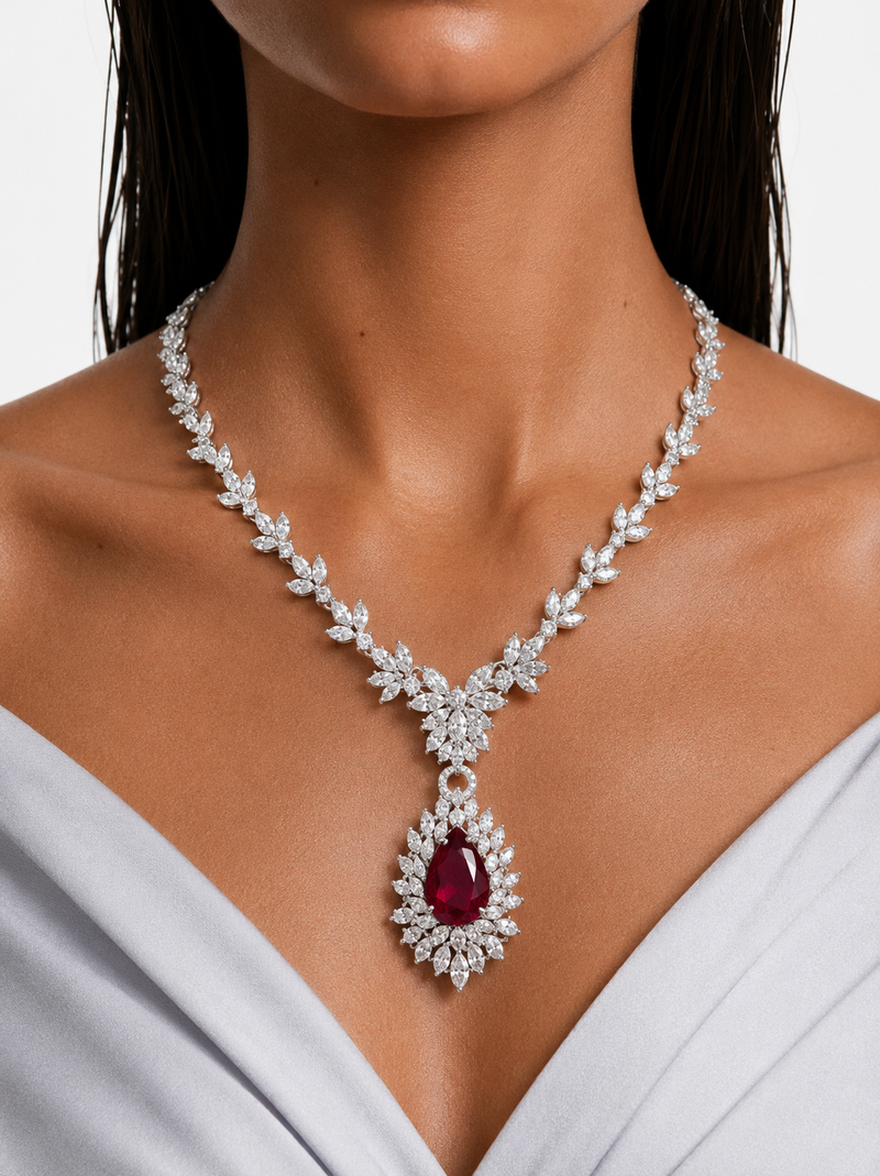 Ruby Petal Marquis Diamond-Like Zircon Statement Necklace - Necklace