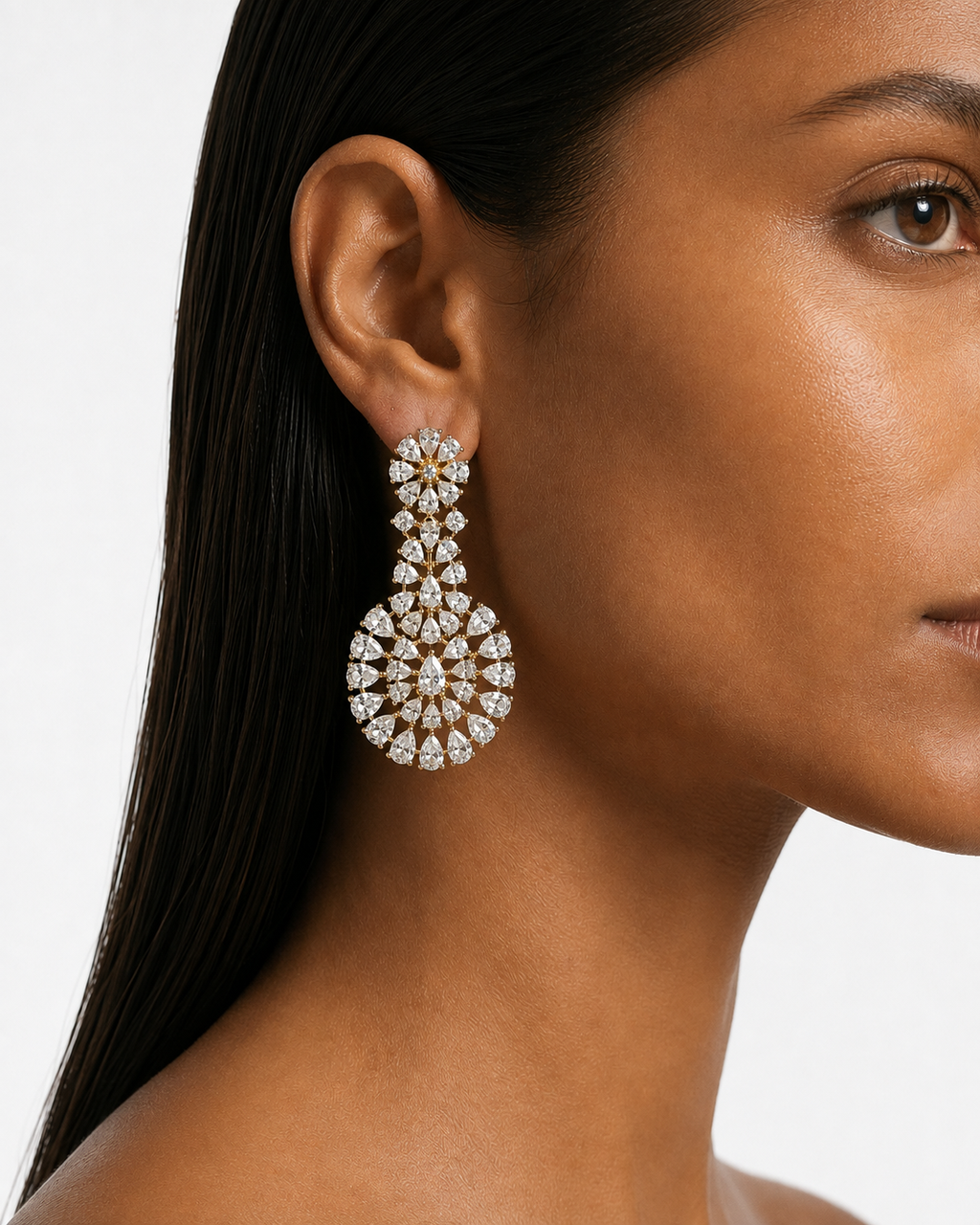 Raeesa Gold-Tone Diamond-Like Zircon Triple Layer Statement Necklace Set – Necklace & Earrings