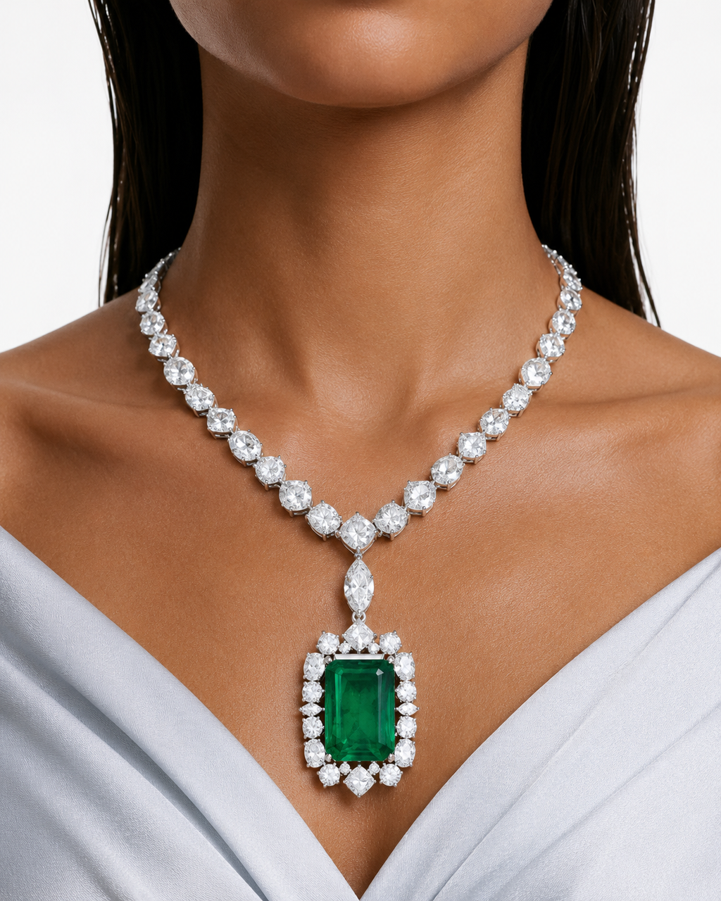 Afiya Emerald Diamond-Like Zircon Statement Necklace Set – Necklace & Earrings