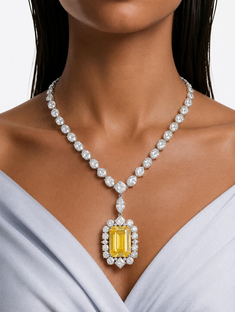 Afiya Citrine Diamond-Like Zircon Statement Necklace Set – Necklace & Earrings