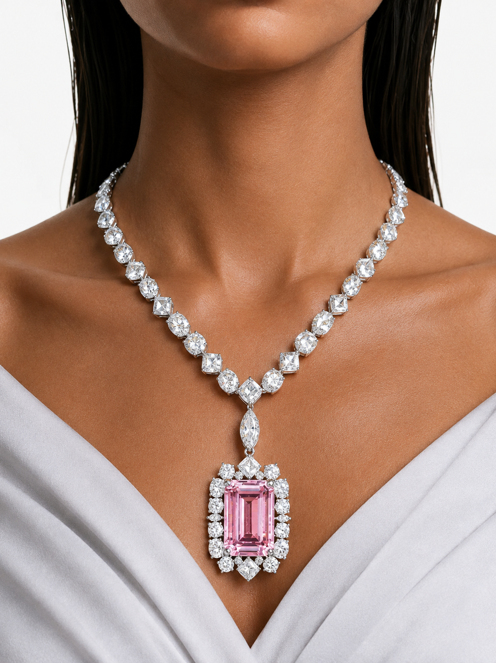Afiya Pink Diamond-Like Zircon Statement Necklace Set – Necklace & Earrings