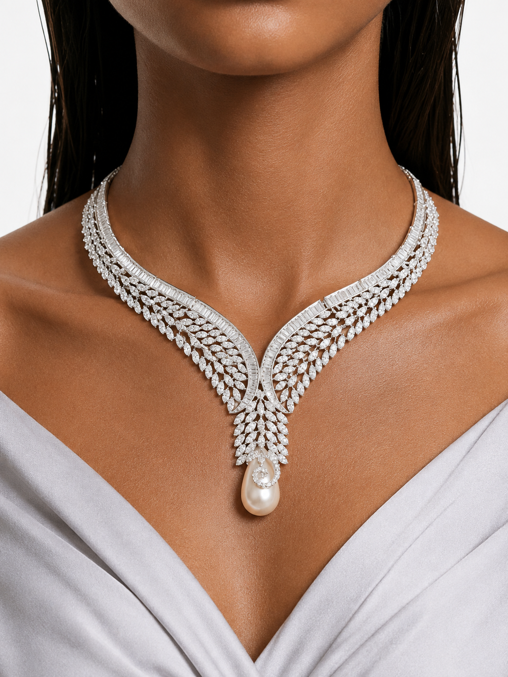 Areeha Pearls & Diamond-Like Zircon Statement Necklace Set – Necklace & Earrings