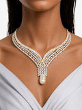 Areeha Pearls & Gold-Tone Diamond-Like Zircon Statement Necklace Set – Necklace & Earrings