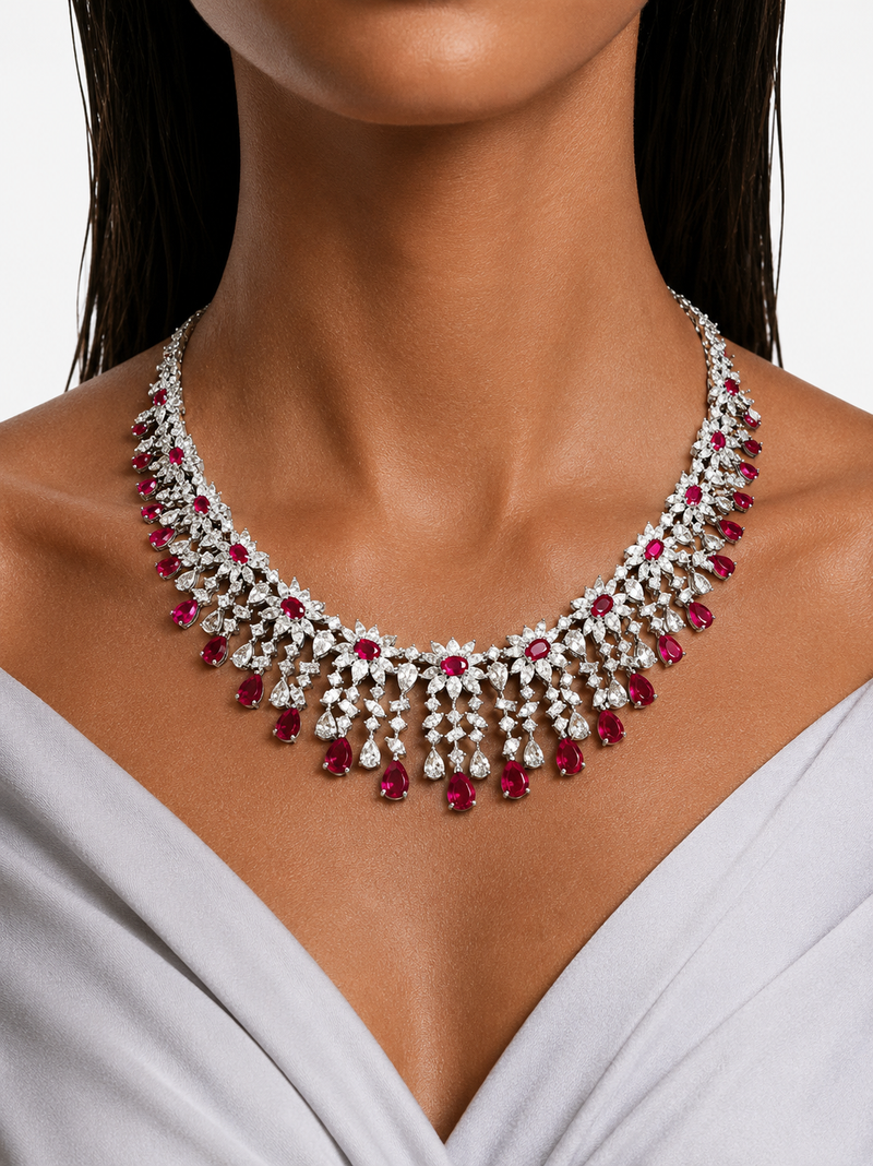 Zareefa Ruby Diamond-Like Zircon Statement Necklace Set – Necklace & Earrings