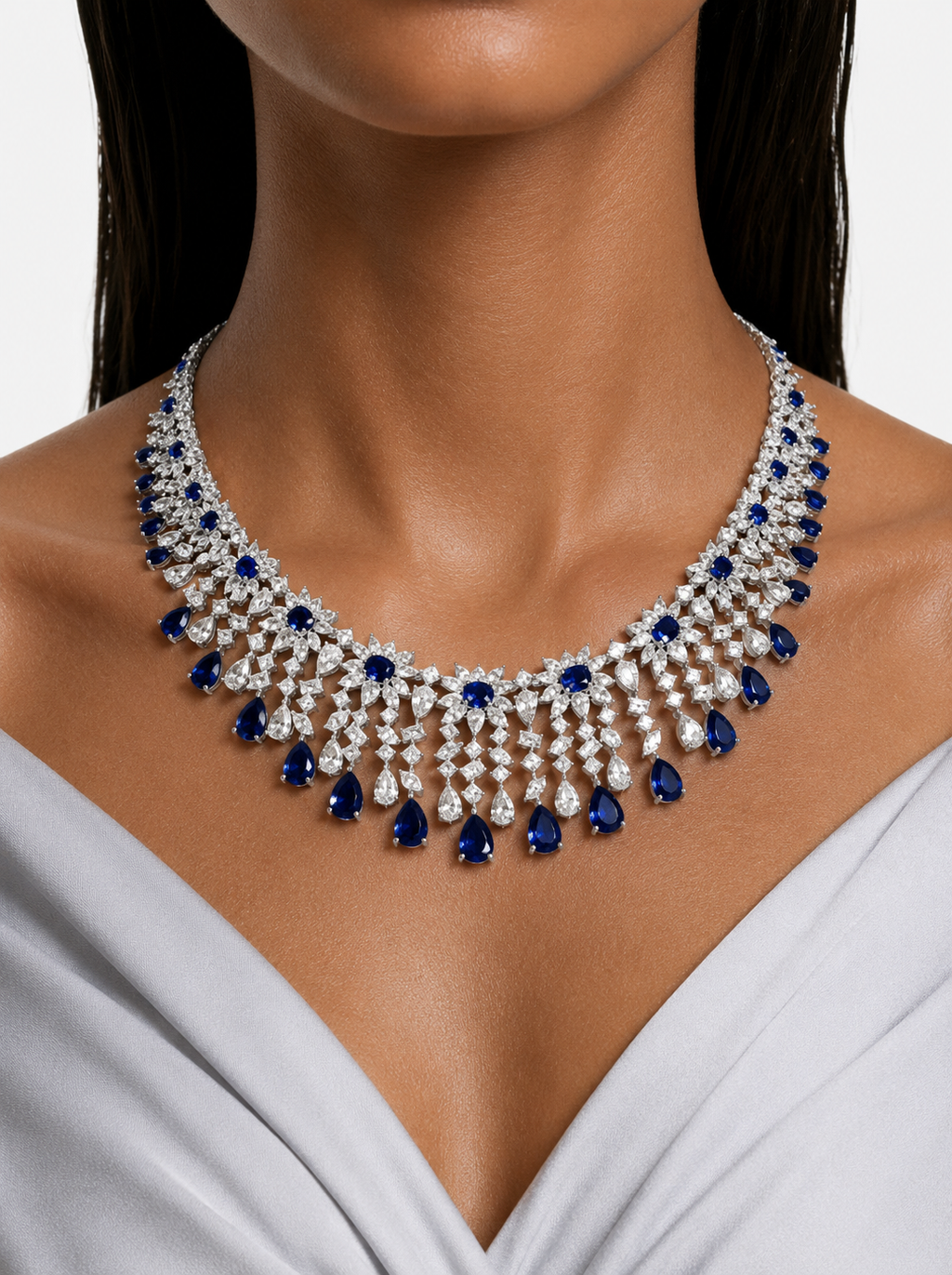 Zareefa Sapphire Diamond-Like Zircon Statement Necklace Set – Necklace & Earrings