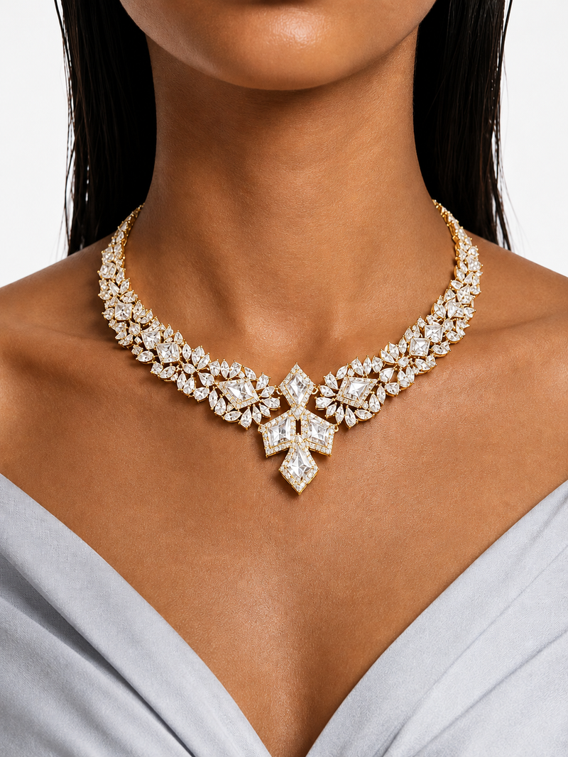 Eina Gold-Tone Diamond-Like Zircon Statement Necklace Set – Necklace & Earrings