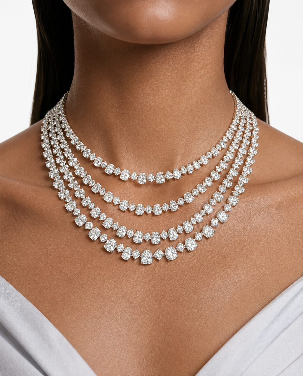 Aizah Four Layer Diamond-Like Zircon Statement Necklace Set – Necklace & Earrings