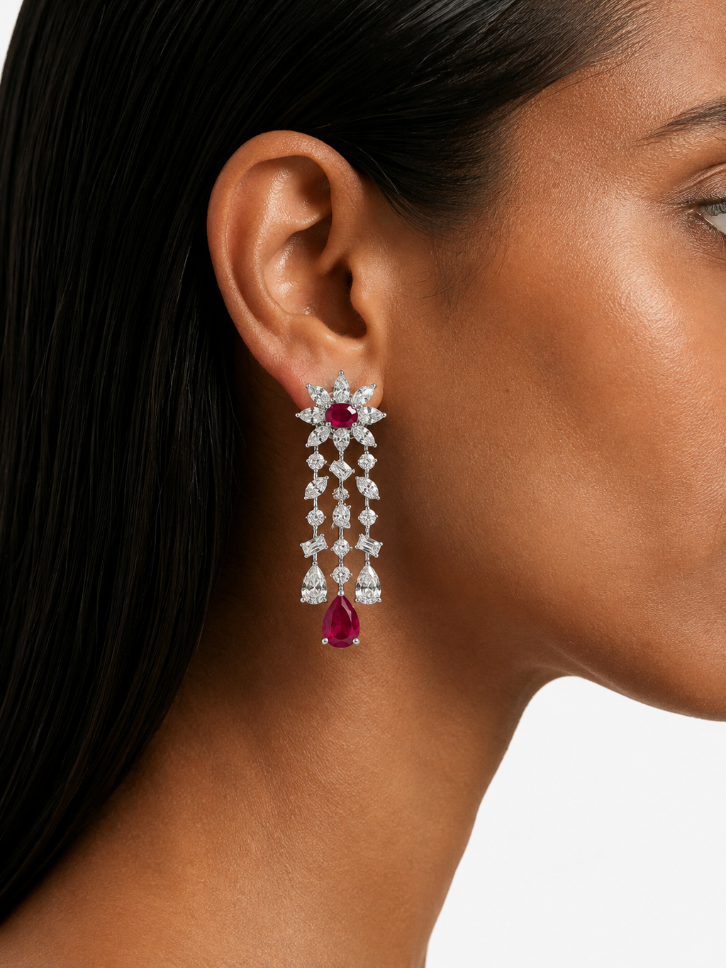 Zareefa Ruby Diamond-Like Zircon Statement Necklace Set – Necklace & Earrings