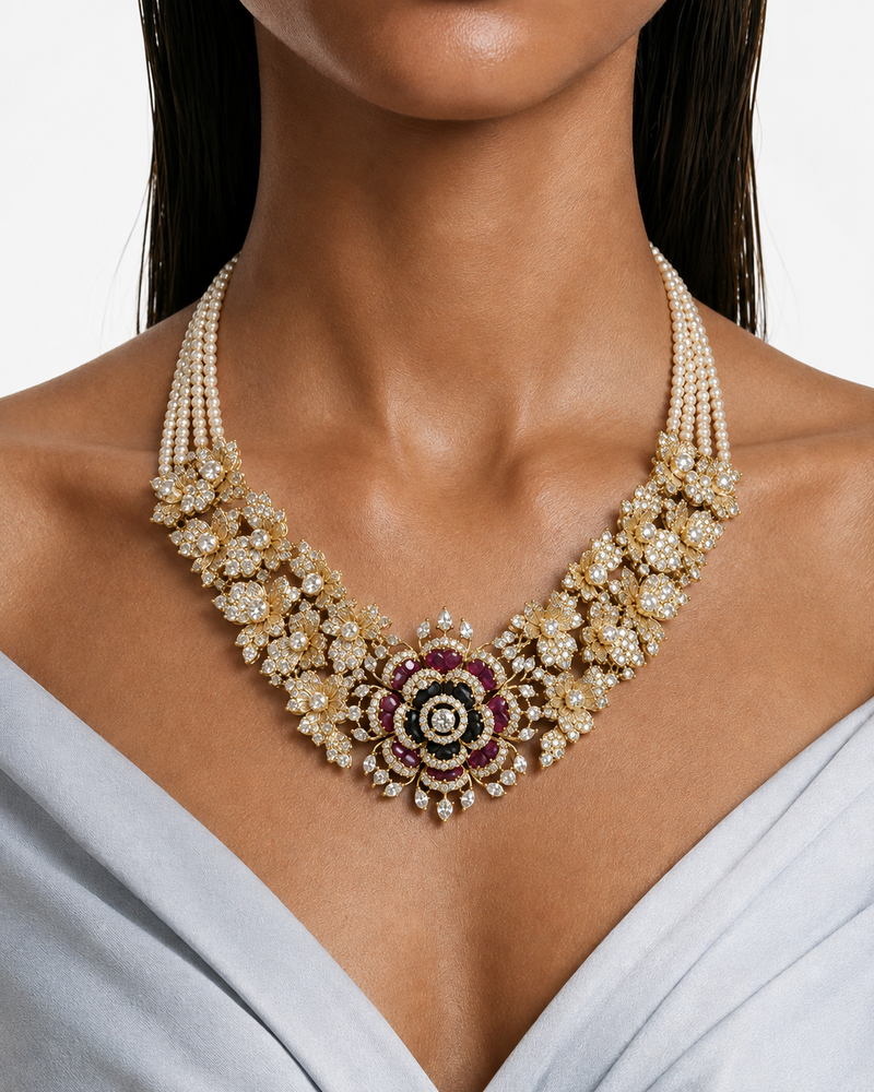 Ruhani Ruby Gold-Tone Diamond-Like Zircon Statement Choker Set – Necklace & Earrings