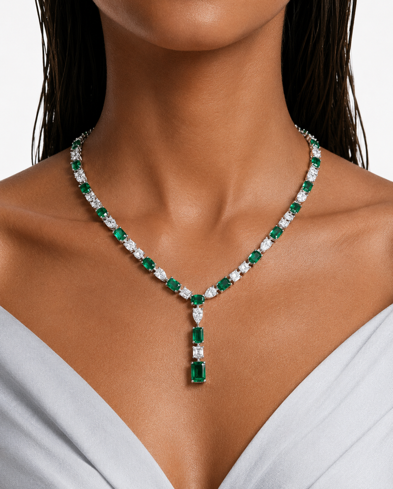 Yana Emerald Diamond-Like Zircon Statement Necklace Set – Necklace & Earrings