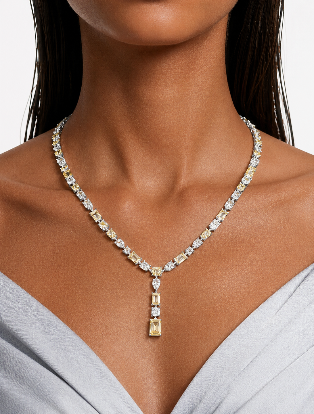 Yana Citrine Diamond-Like Zircon Statement Necklace Set  – Necklace & Earrings