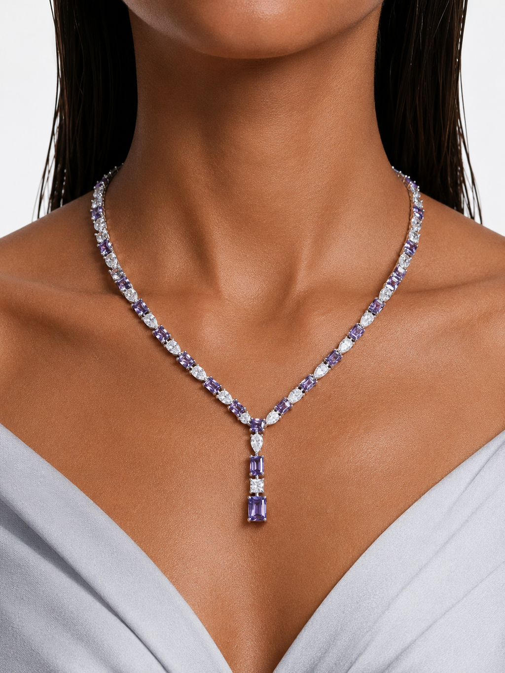 Yana Purple Diamond-Like Zircon Statement Necklace Set – Necklace & Earrings
