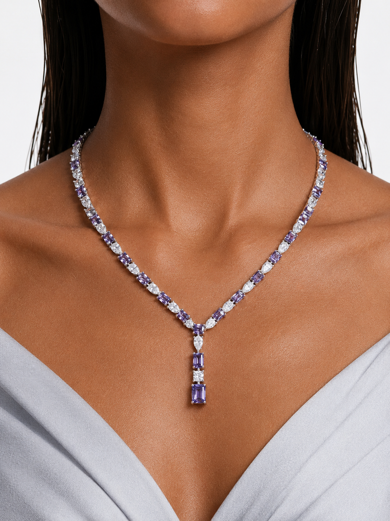 Yana Purple Diamond-Like Zircon Statement Necklace Set – Necklace & Earrings