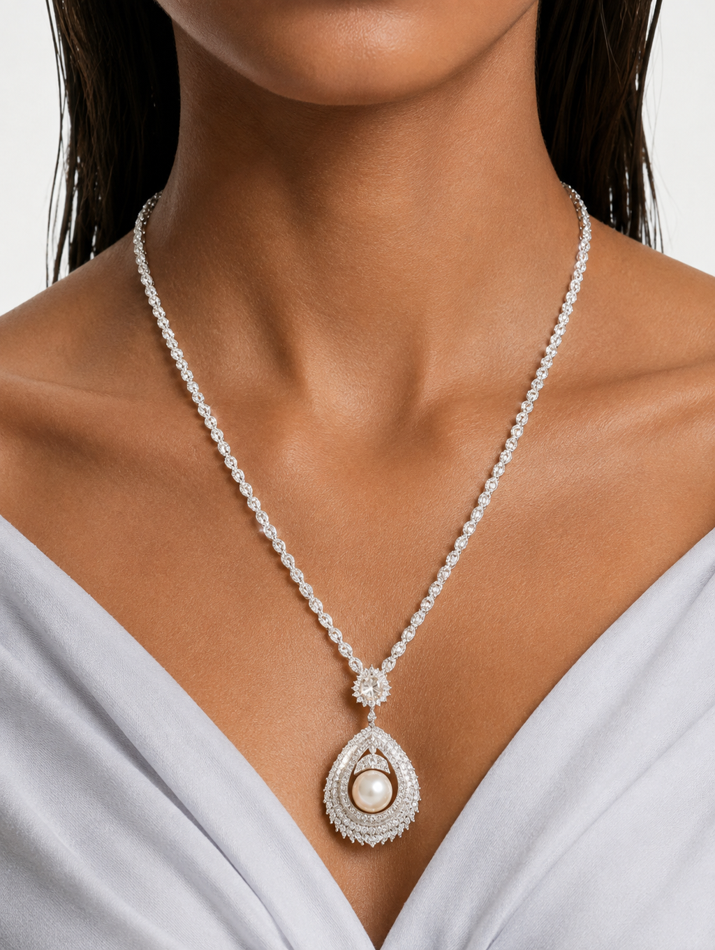 Vihana Pearl Diamond-Like Zircon Statement Necklace Set – Necklace & Earrings