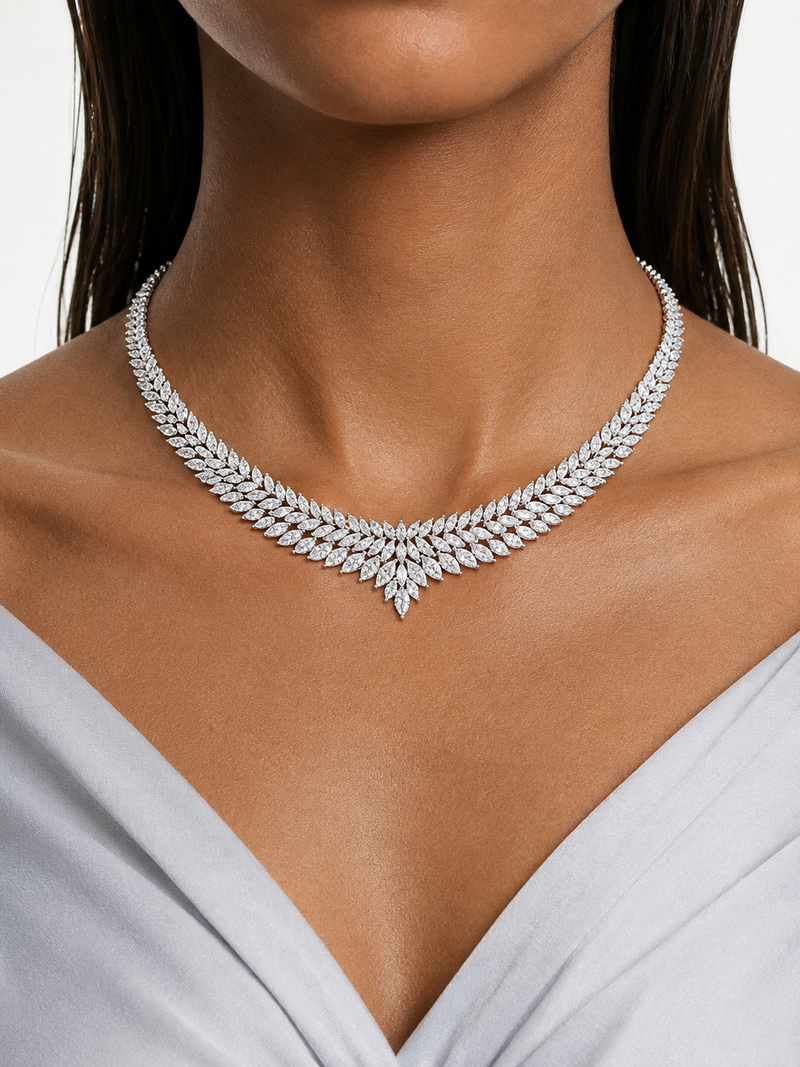 Zariya Floral Diamond-Like Zircon Statement Necklace Set – Necklace & Earrings