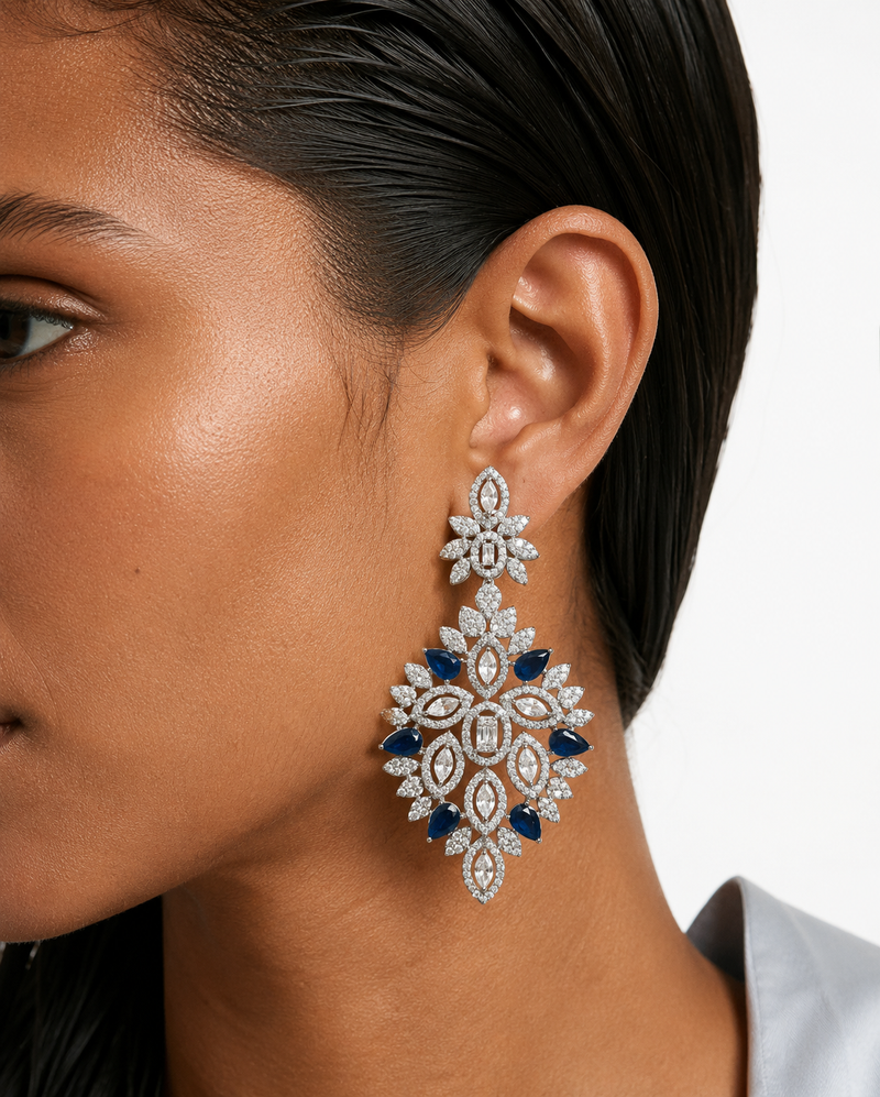 Rumeha Sapphire Diamond-Like Zircon Statement Necklace Set  – Necklace & Earrings