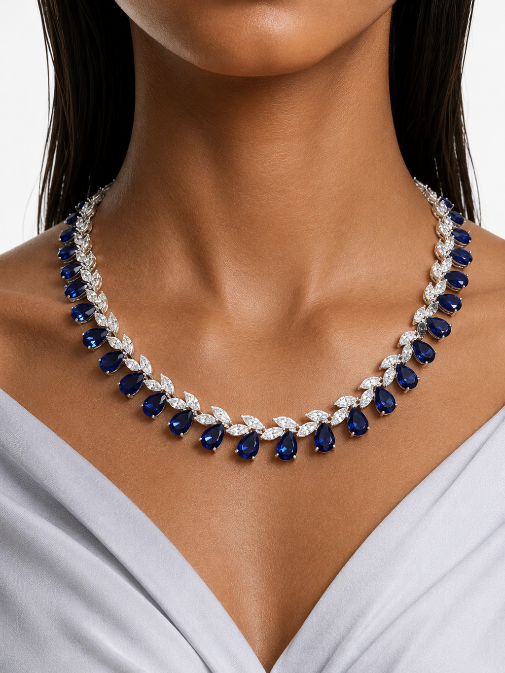 Vaanya Sapphire Drops & Diamond-Like Zircon Single Line Statement Necklace Set (Necklace & Earrings)