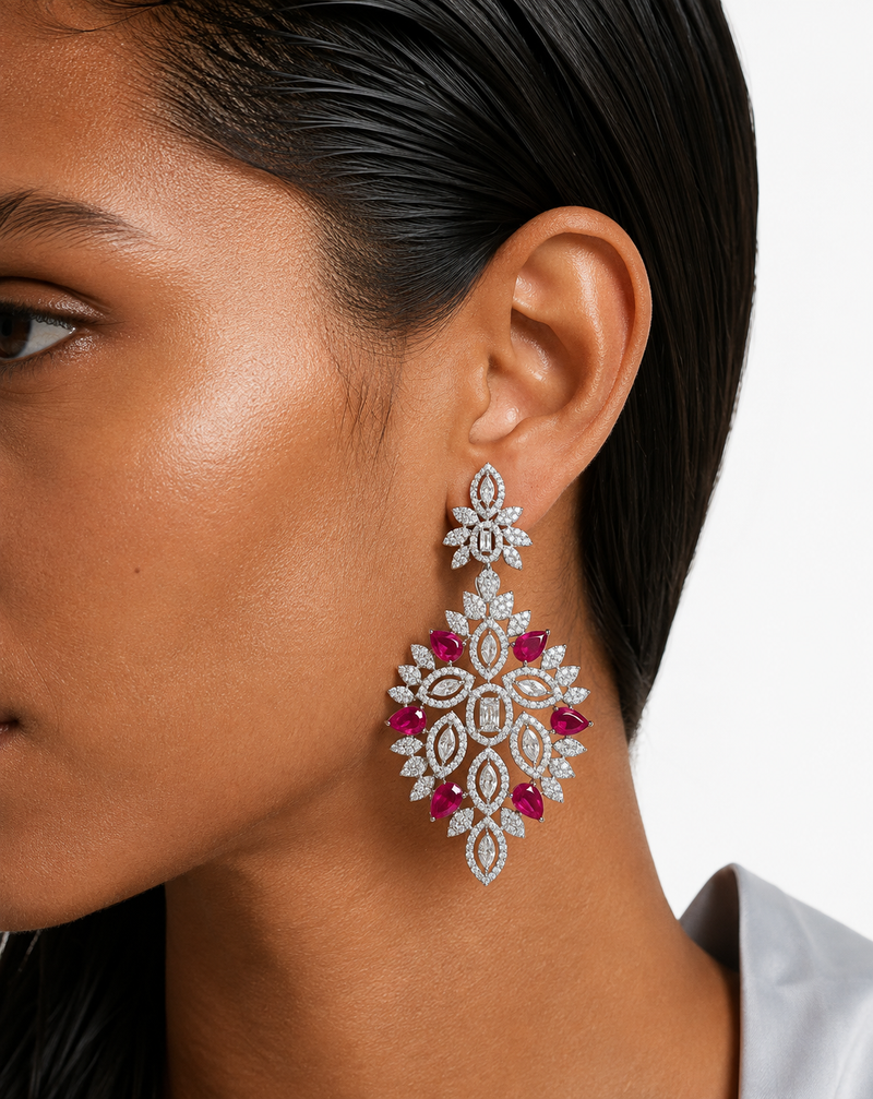 Rumeha Ruby Diamond-Like Zircon Statement Necklace Set – Necklace & Earrings