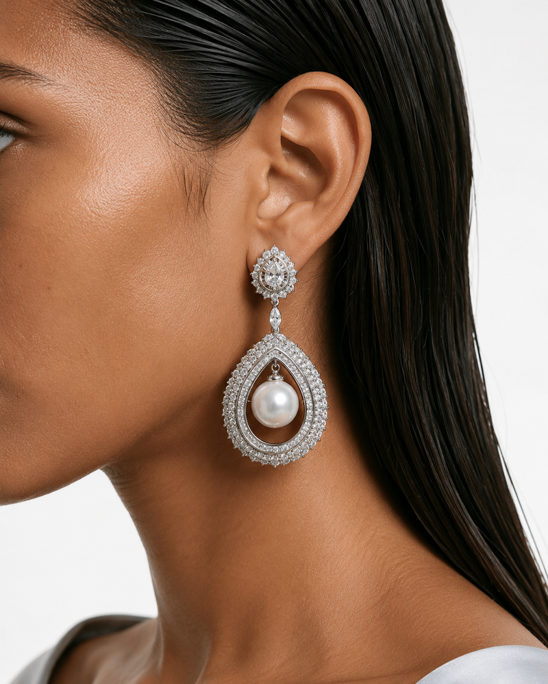Vihana Pearl Diamond-Like Zircon Statement Necklace Set – Necklace & Earrings