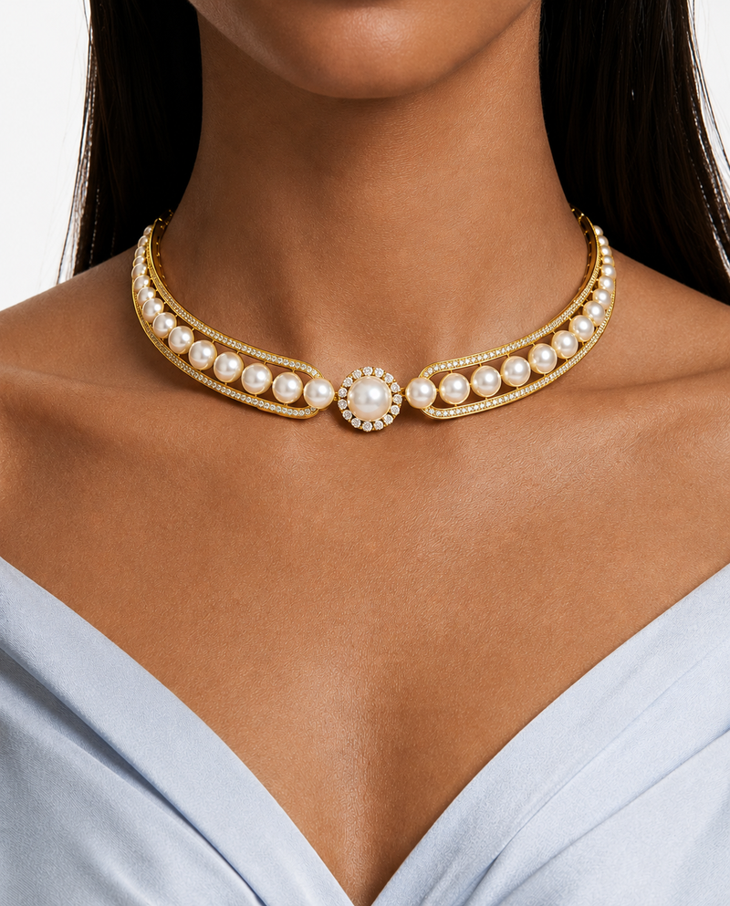 Maharani Nayeli goudkleurige diamantachtige zirkoon gelaagde statement kettingset & Noura parels & goudkleurige diamantachtige zirkoon chokerset kettingset (2 kettingen en 2 oorbellen)