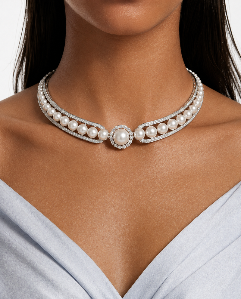 Maharani Areeha Parels & Diamantachtige Zirkoon Statement Kettingset & Noura Parels & Diamantachtige Zirkoon Choker Set Kettingset (2 Kettingen & 2 Oorbellen)
