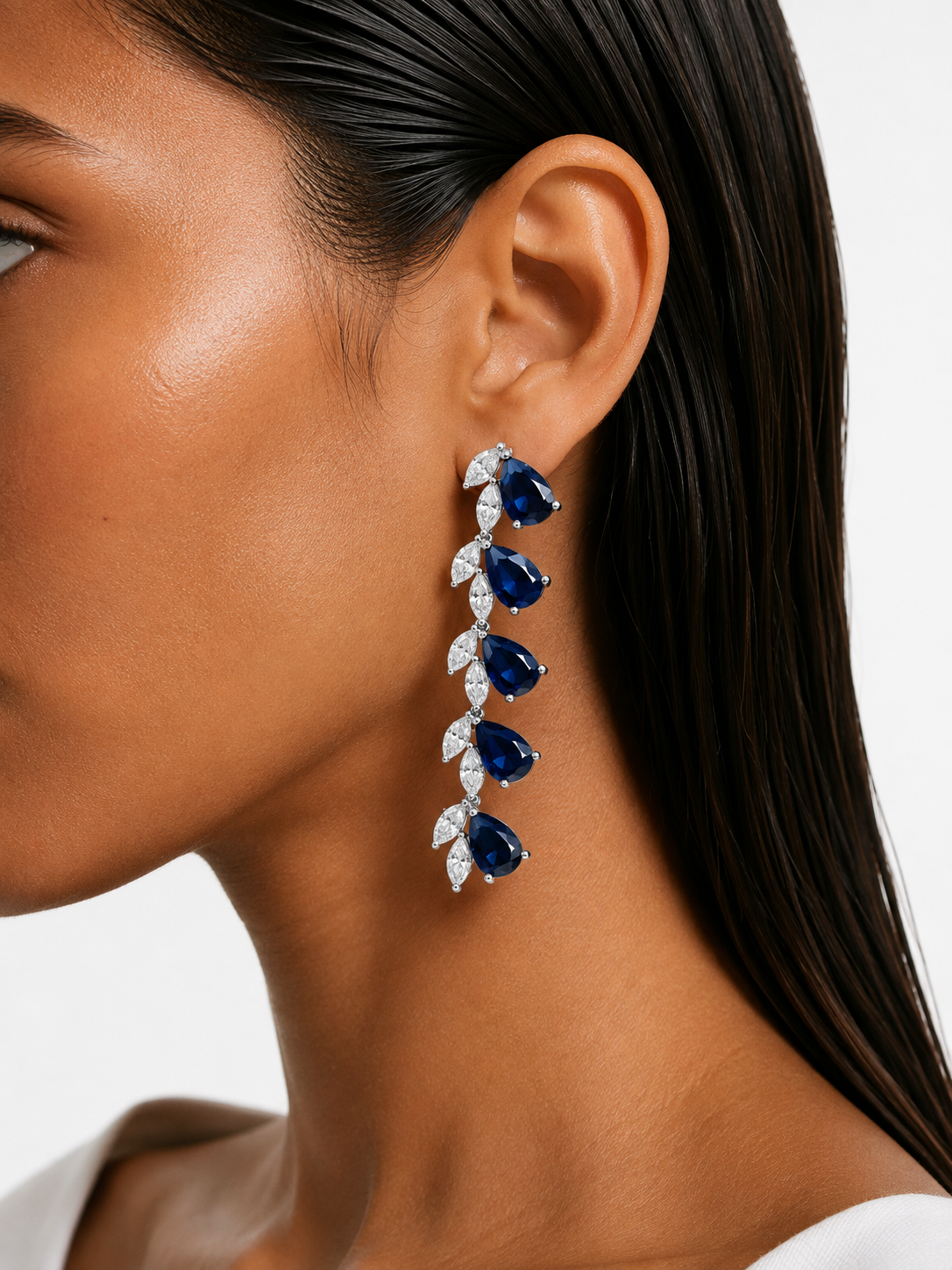 Vaanya Sapphire Drops & Diamond-Like Zircon Single Line Statement Necklace Set (Necklace & Earrings)