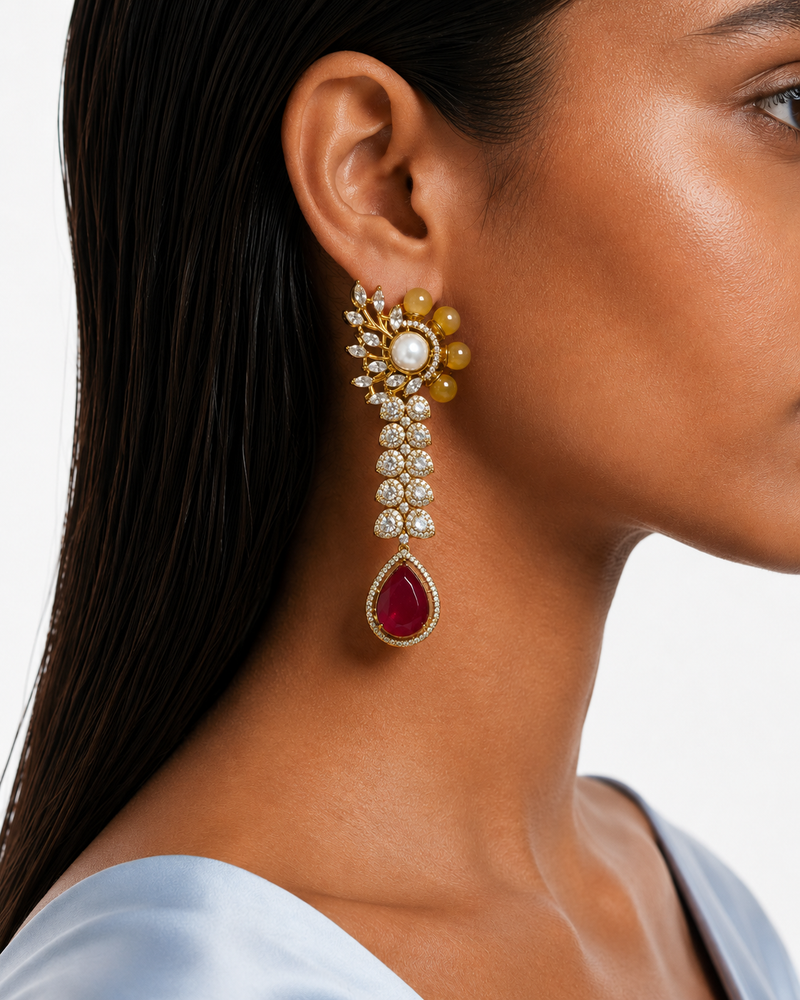 Yelina Polki Kundan Citrine & Pearl Drop Earrings