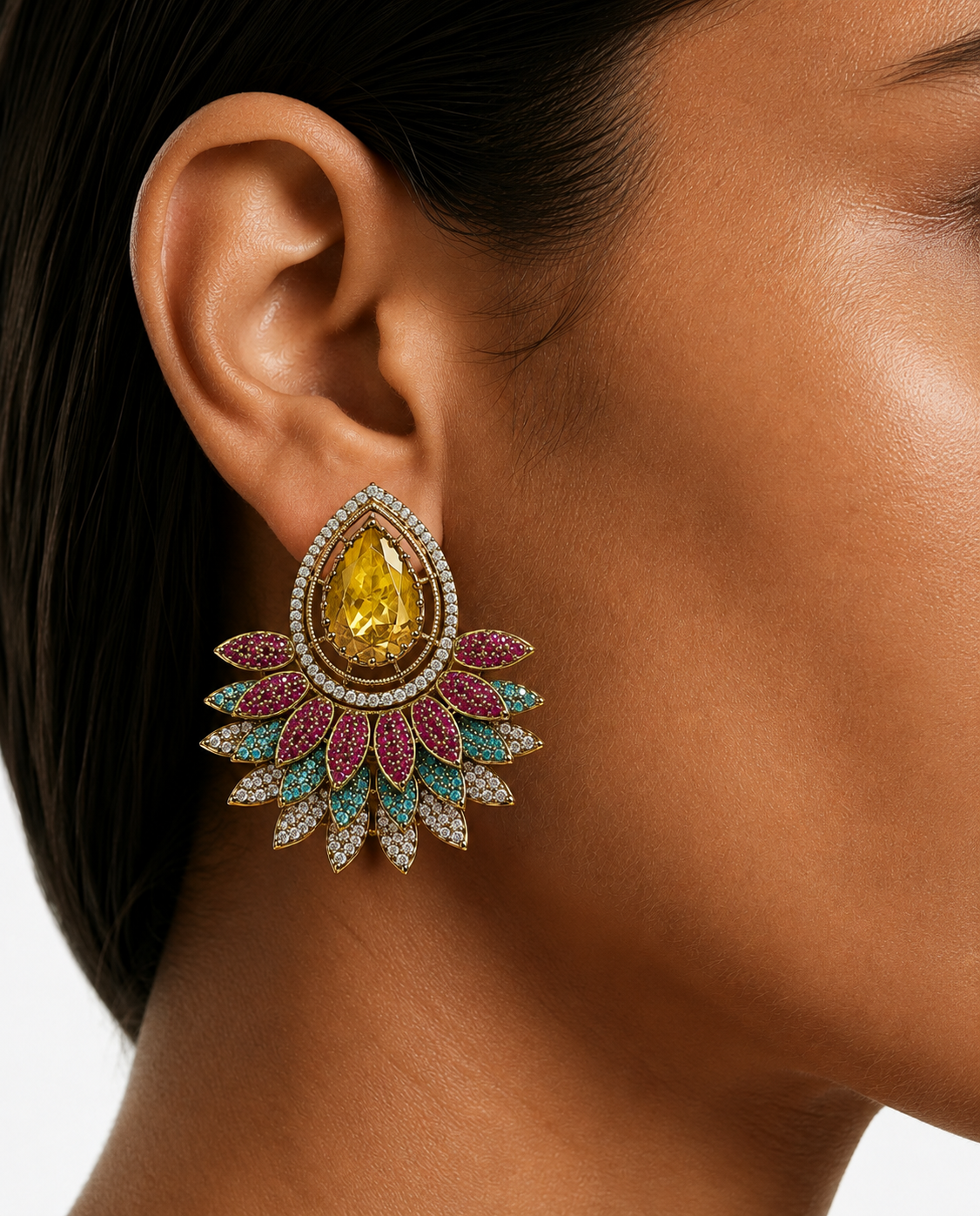 Zafira Citrine Moissanite Polki Floral Stud Earrings