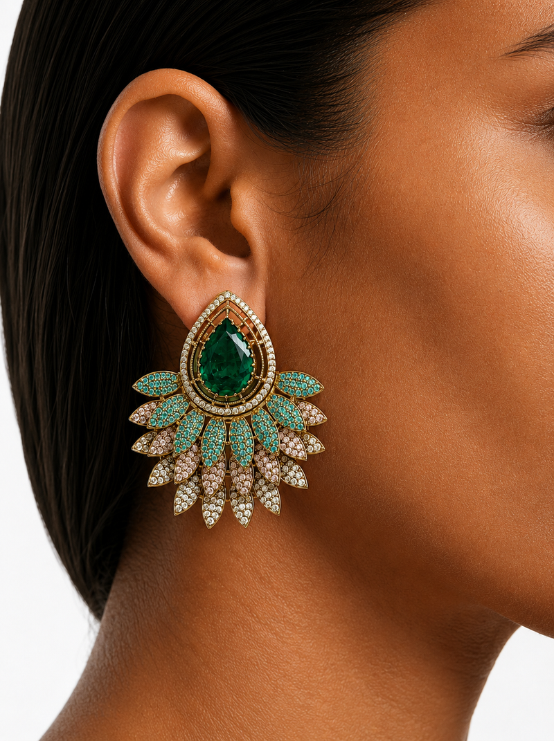 Zafira Emerald Moissanite Polki Floral Stud Earrings