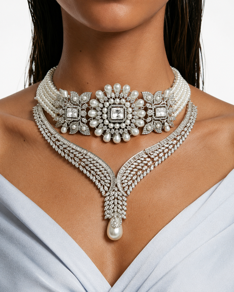 Maharani Areeha parels en diamantachtige zirkonia statement kettingset & Paso Pearly Trio diamanten kettingset Kettingset (2 kettingen en 2 oorbellen)