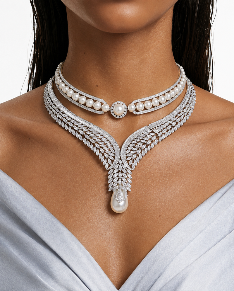 Maharani Areeha Parels & Diamantachtige Zirkoon Statement Kettingset & Noura Parels & Diamantachtige Zirkoon Choker Set Kettingset (2 Kettingen & 2 Oorbellen)