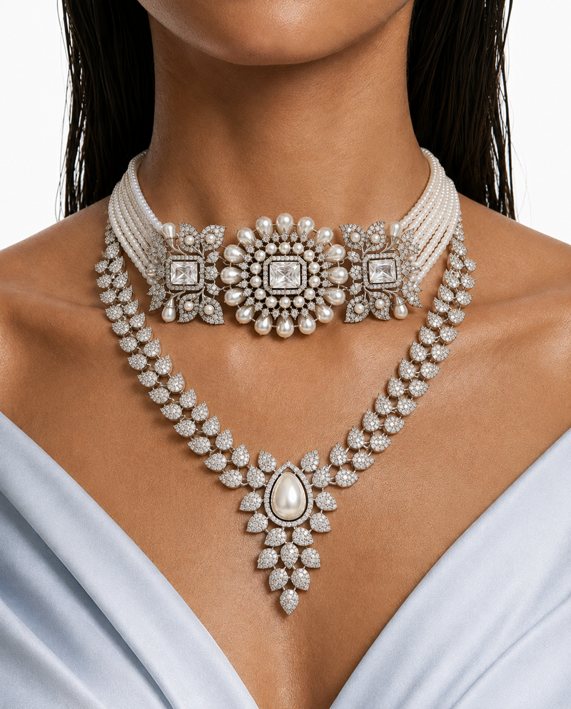Maharani Ziya Pearl Diamond-achtige zirkoon statement kettingset & Paso Pearly Trio diamanten kettingset Kettingset (2 kettingen en 2 oorbellen)