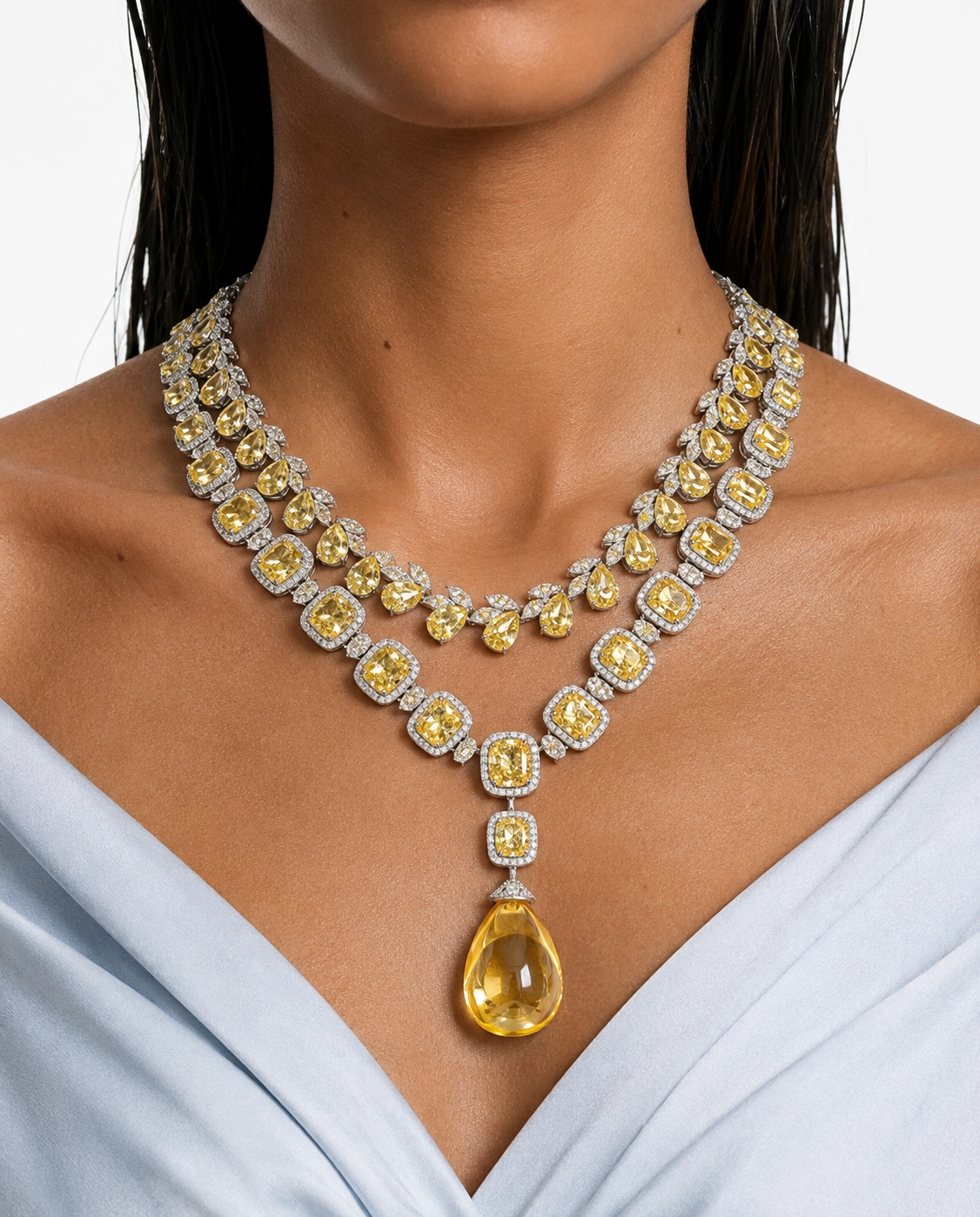Maharani citrien kussen gesneden met zirkoondetails en grote citrien stenen kettingset & Vaanya citrien druppels & diamantachtige zirkoon enkele lijn statement kettingset (2 kettingen en 2 oorbellen)