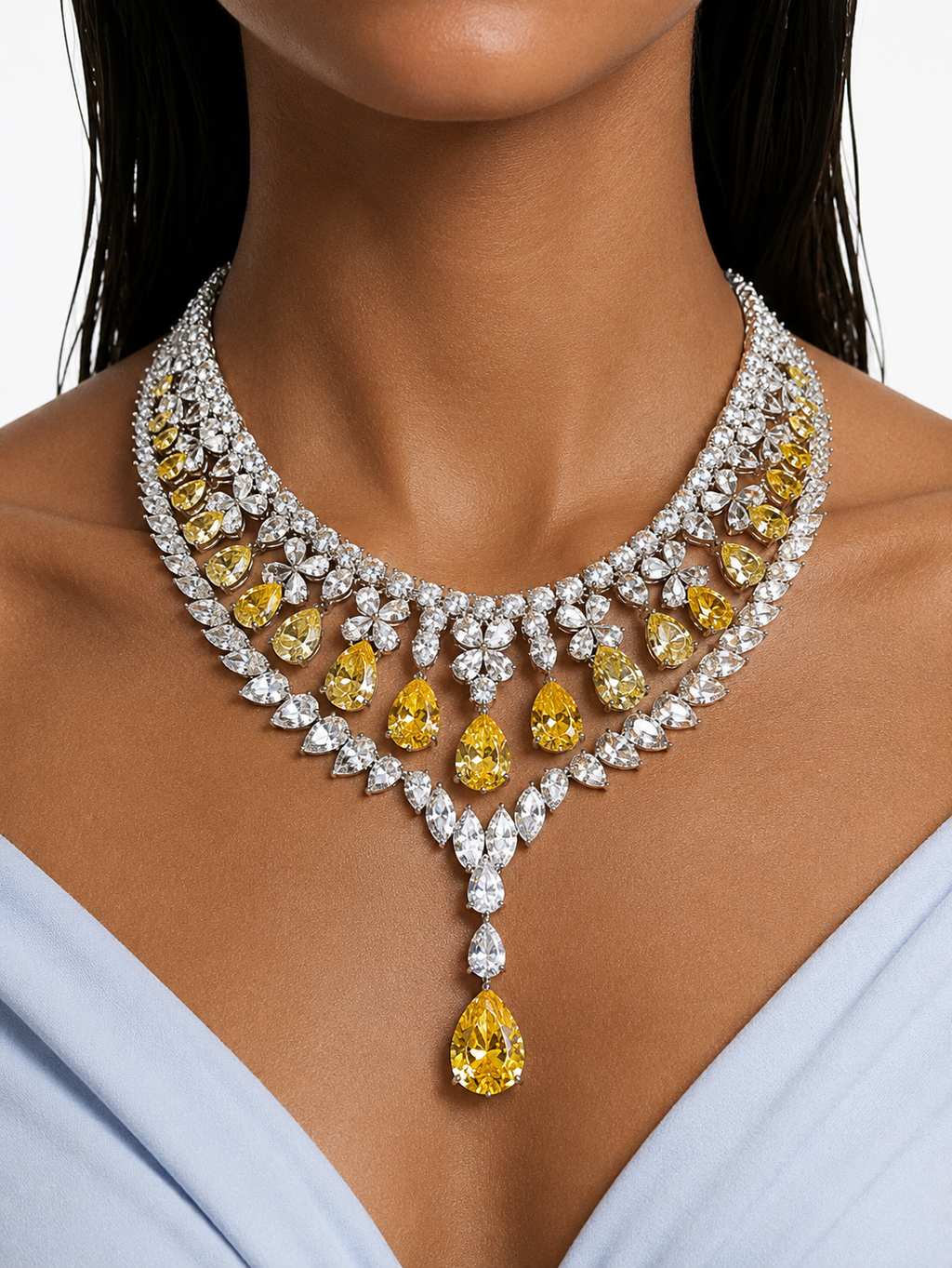 Maharani Khadija Citrine and Diamond-Like Zircon Statement Necklace Set & Amora Citrine Drops Statement & Diamond Like Zircon Necklace Set (2 Necklace & 2 Earrings)