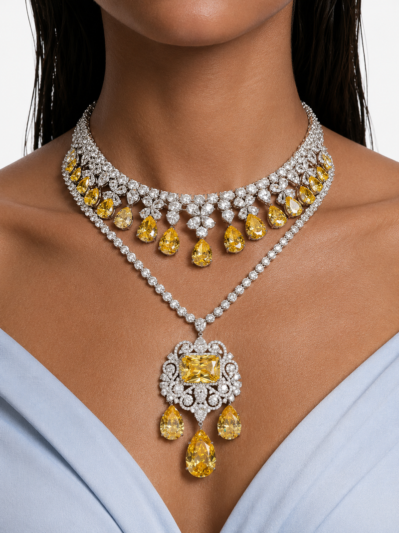 Maharani Nareesa Citrine Diamond-Like Zircon Statement Necklace Set & Amora Citrine Drops Statement & Diamond Like Zircon Necklace Set (2 Necklace & 2 Earrings)