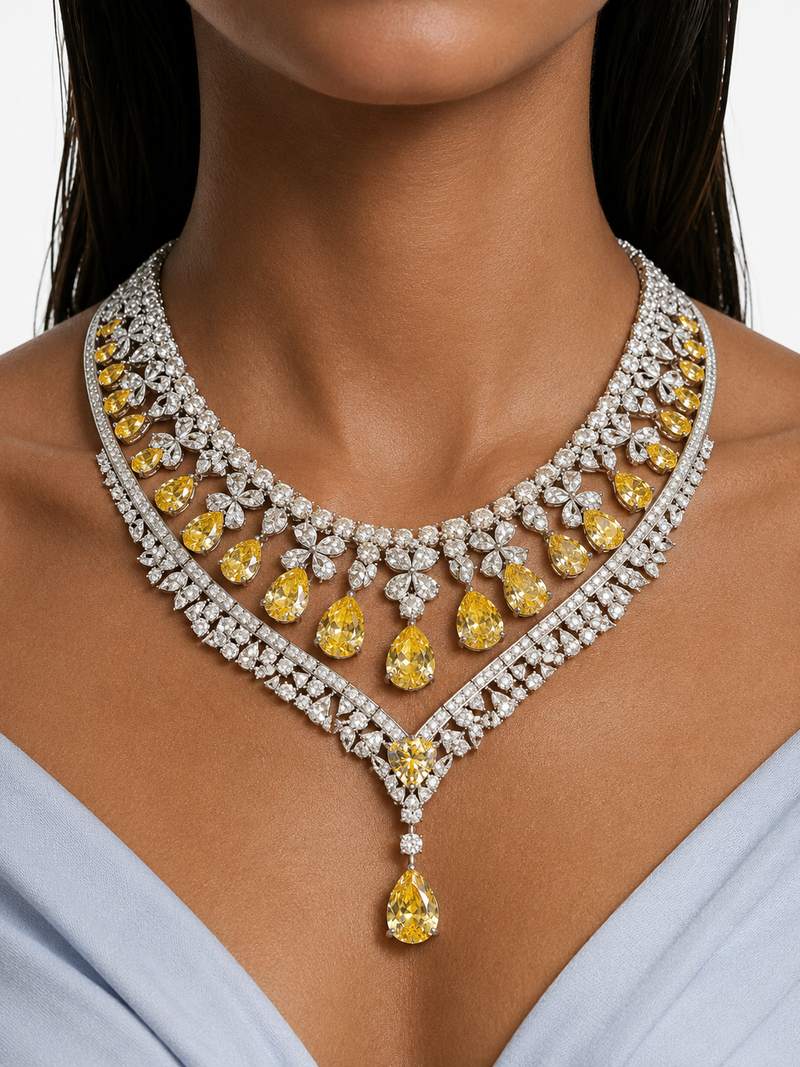 Maharani Bahiyya Citrine Drops & Diamond-Like Zircon Statement Pendant Necklace Set & Amora Citrine Drops Statement & Diamond Like Zircon Necklace Set (2 Necklace & 2 Earrings)