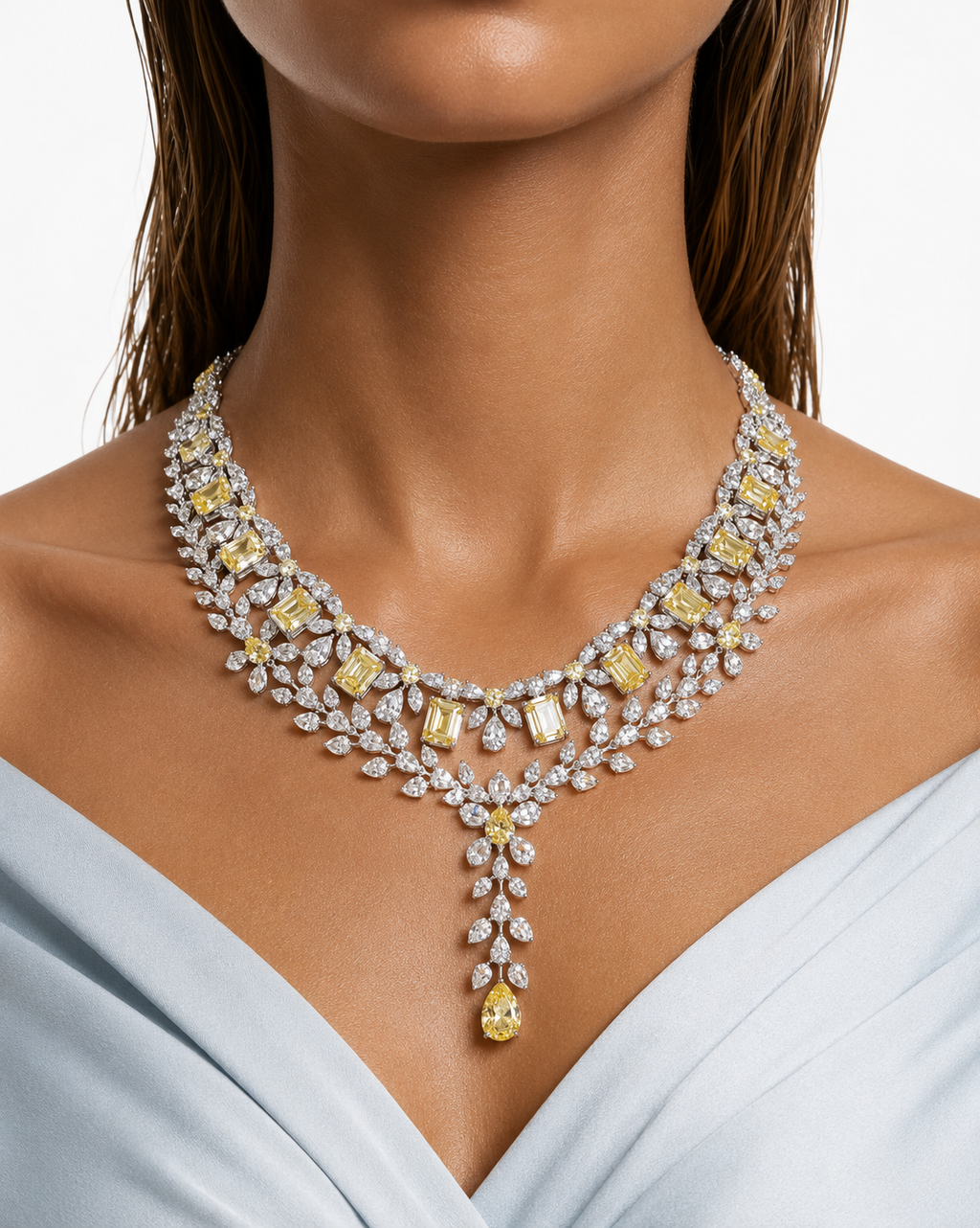 Maharani Dania Citrine and Diamond-Like Zircon Compressed Setting Statement Necklace Set & Rosina Citrine & Diamond Necklace Set (2 Necklace & 2 Earrings)