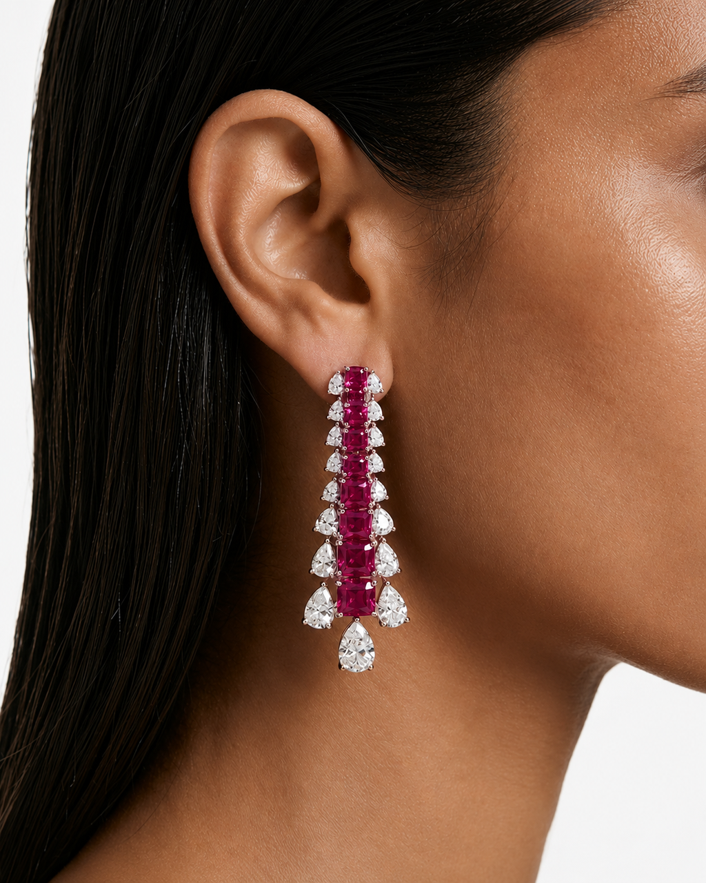 Maharani Basma Ruby and Diamond-Like Zircon Drop Pendant Statement Necklace Set & Elyna Ruby Diamond-Like Zircon Choker Necklace Set (2 Necklace & 2 Earrings)